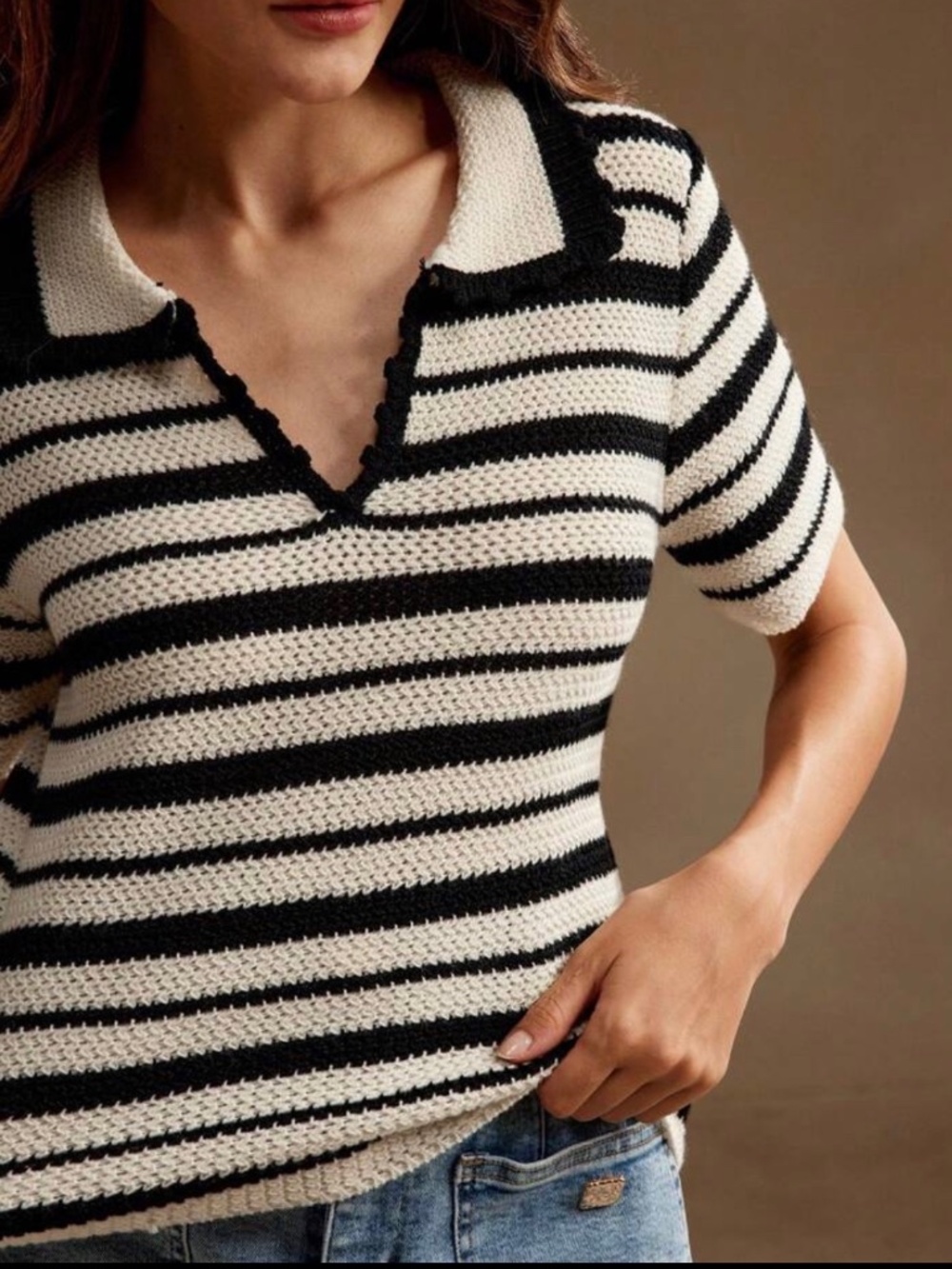 Anewsta - Striped Short Sleeve Polo Crochet Style Knit - Black+White - Size S